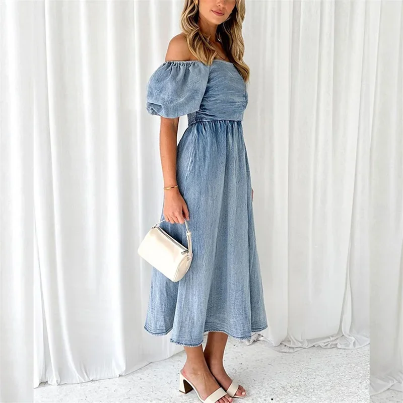 Women High Waist Stretch Backless Denim Dresses Fashion Bubble Short Sleeves Off The Shoulder Dress Female Casual Pleated Frock