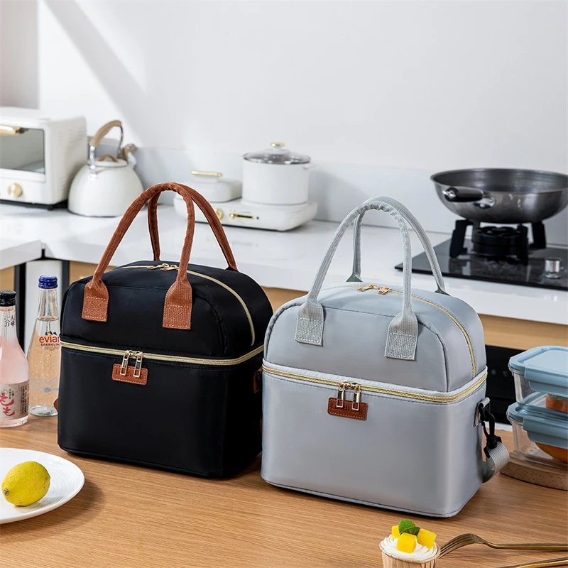 Double Layer Lunch Bag Thermal Insulation Lunch Box Storage Handbag Travel Picnic Food Pouch Multifunctional Mummy Shoulder Bags