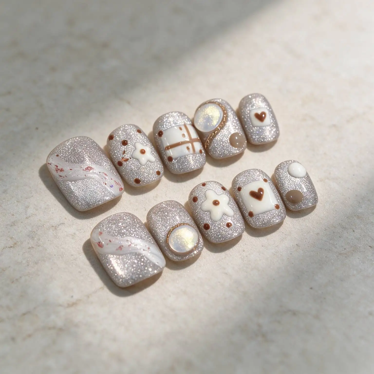 10pcs Silver Cat Eye Glitter Press On Nails Drawn Brown Heart Flower Polka Dot Fake Nail Short Square False Nail for Women