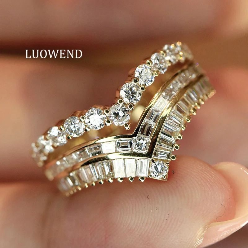 LUOWEND 100% 18K White/Yellow Gold Rings Women Luxury V-Shape Design 1.60carat Real Natural Diamond Engagement Ring Fine Jewelry