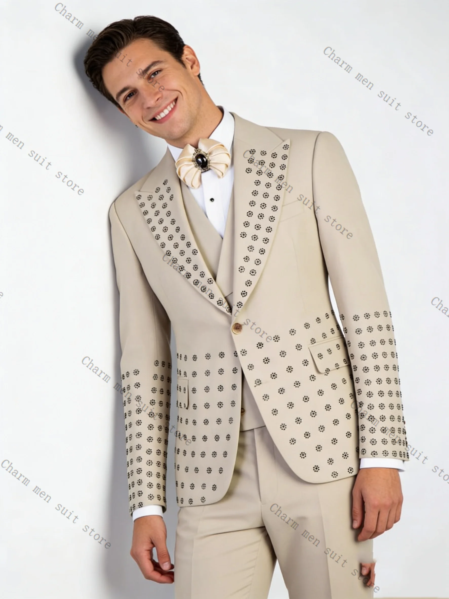 

Glitter Crystals Beige Men Suits Set 2 Pcs Blazer+Pants Trousers Luxury Wedding Tuxedo Formal Office Business Groom Jacket Coat
