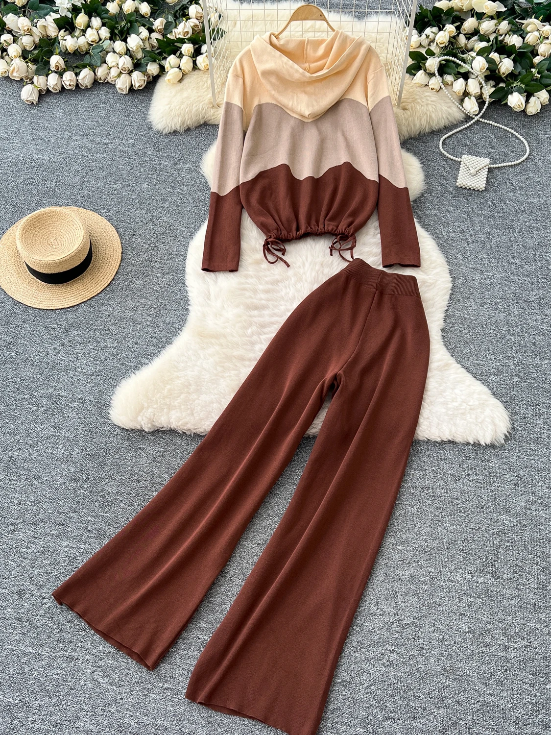 Laid-ba Sle Set maglione lavorato a maglia da donna Pantaloni larghi a gamba larga Felpa con cappuccio lunga Sve Vita alta Autunno Inverno Faion Ensemble