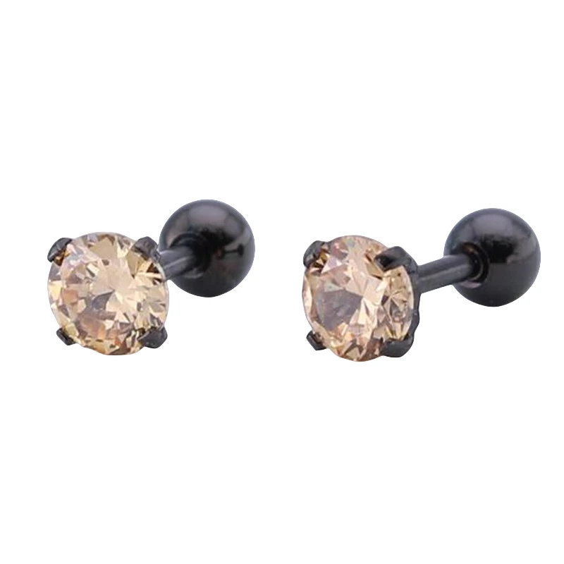 Titanium 316L Stainless Steel Screw Stud Earrings Black Plated With 4mm Champagne AAA Zircon No Fade Allergy Free