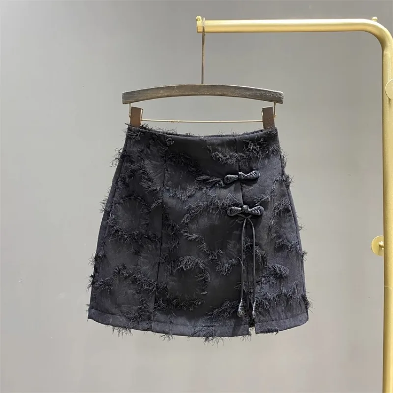New Chinese Style Button Up Mini Skirts Summer Retro Design Jacquard Tassel Split A-line Buttocks Short Skirt Women's Clothing