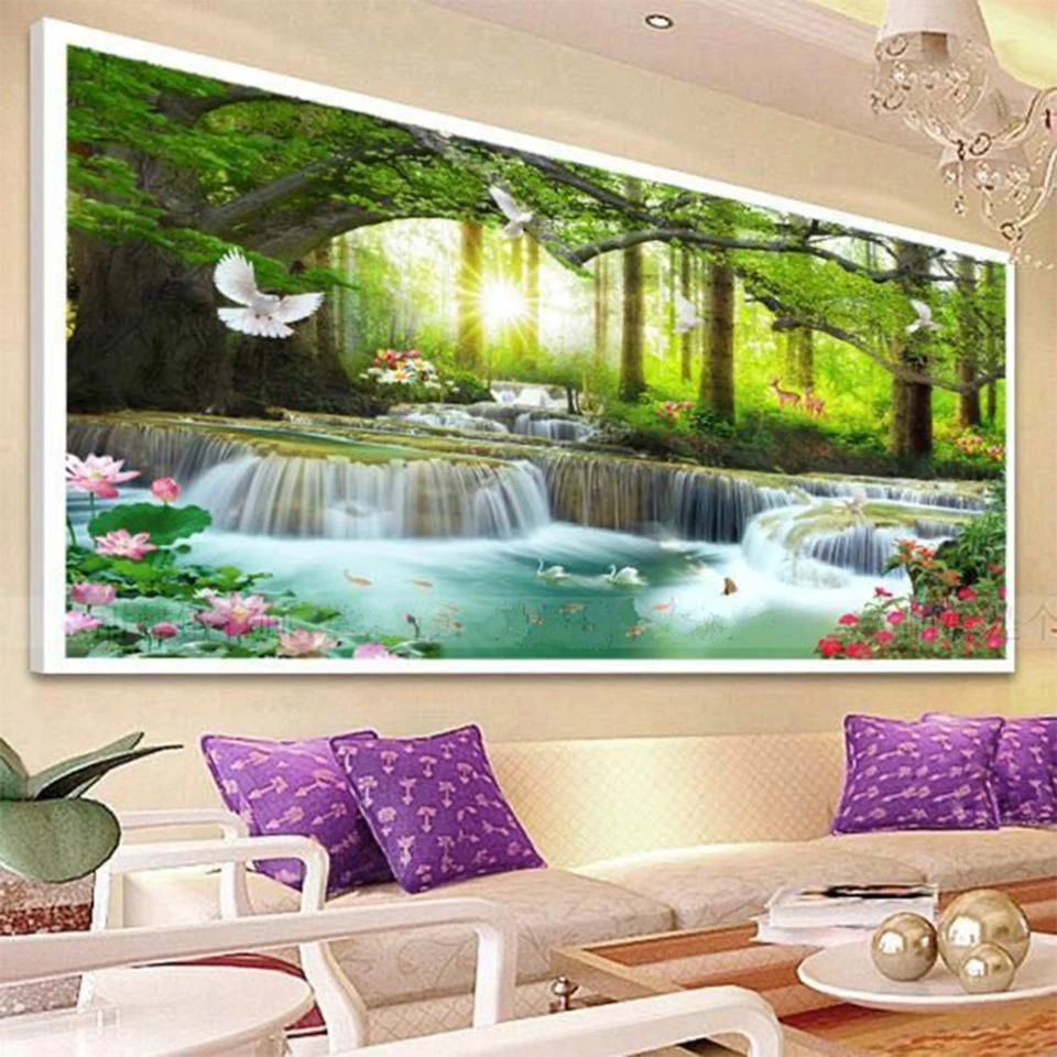 Large Size 5D DIY Full Drill Diamond Painting Sunshine Spring Tree Waterfalls Natural View Cross Stitch Diamond Rhinestones W92