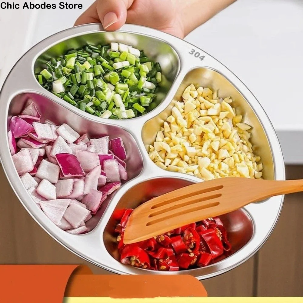 

Round Stainless Steel Divided Plate Large Capacity with Compartment Vegetable Preparation Plate Thicken Fast Food Plate
