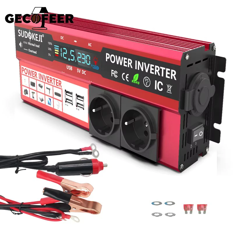 GECOFEER DC 12V a AC 220V Per trasformare V trasformare W 3000W Potenza 4 USB Ricarica tascabile UE con display a LED per telefono RV