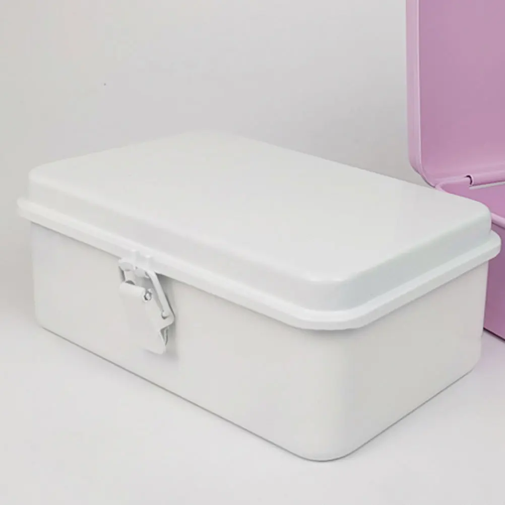Vintage White Metal Storage Box Lockable Toolbox Cold Rolled Steel Durable Large Capacity Office Organizer Tool Container