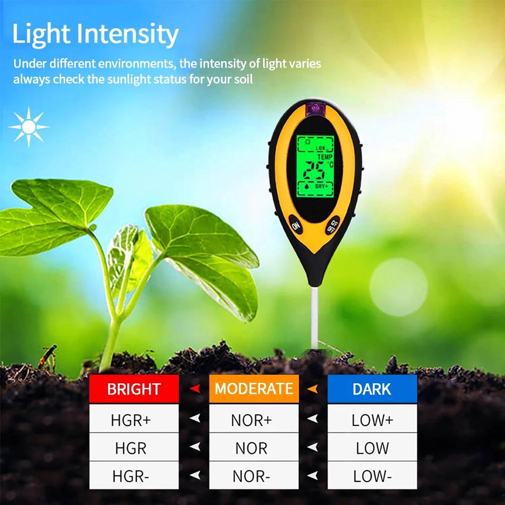 4 in 1 Soil PH Meter Tester Soil Tester PH Moisture Meter Temperature Sunlight Intensity Measurement Analysis Soil Acidity Test