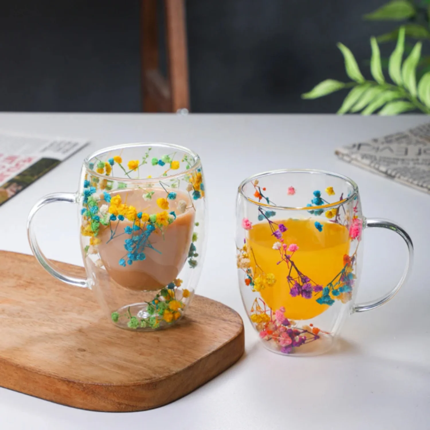 Taza de cristal de doble pared con relleno de flores secas, tazas de té y café resistentes al calor, taza de leche Espresso, regalo creativo, 1/2/4 Uds.