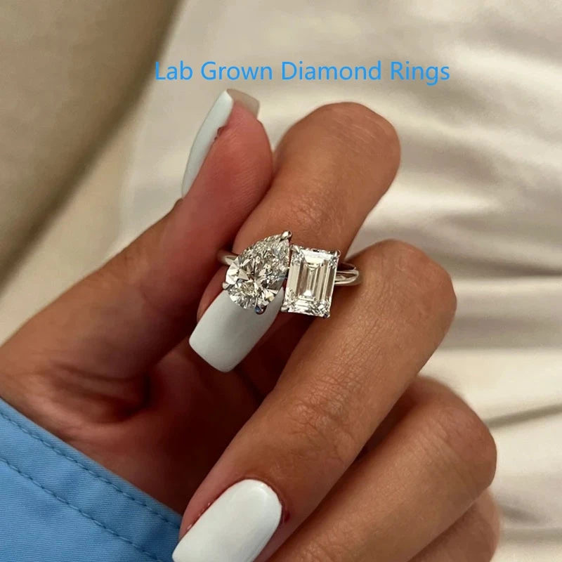 2CT Each Total 4ctw Emerald Cut and Pear CVD HPHT DEF VS-VVS IGI Lab Grown Diamond Ring In Platinum 950 For Lady Fine Jewelry