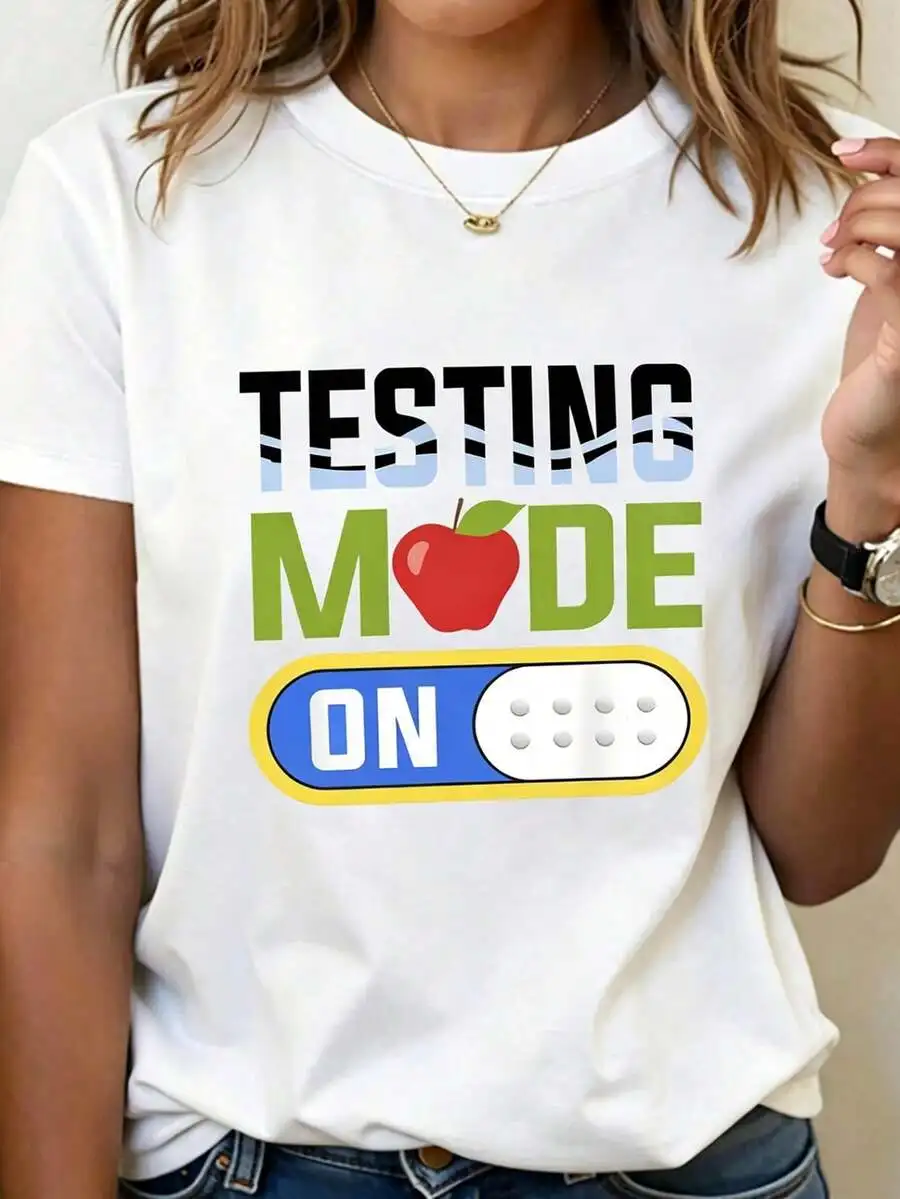 Test Mode Testing Cute Teacher Graphic Tee For Women, Casual Crew Neck T-Shirt, Machine Washable Short Sleeve Top For Classroom Wear