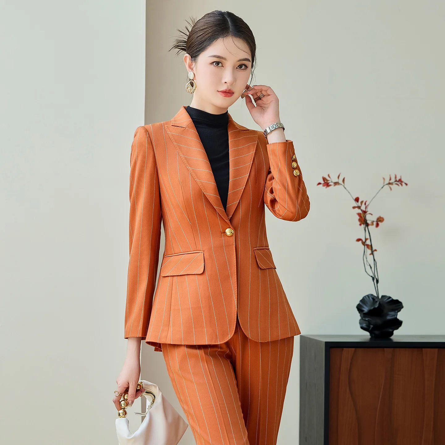 

Синий оранжевый полосатый женский деловой брючный костюм, комплект из 2 предметов, женский осенне-зимний деловой рабочий костюм, куртка, блейзер и брюки