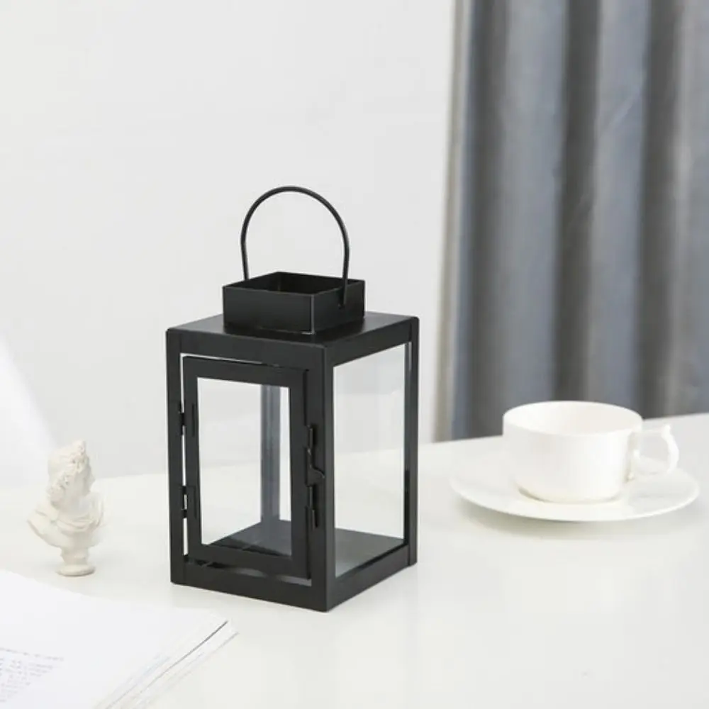Delicate Wind-proof Iron Wind Lamp Wrought Iron Handheld Lantern Candle Stand Black Outdoor Hanging Lantern Festival Gift