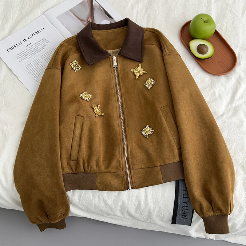 Suede Zipper Fly Jacket Coat Retro Loose Heavy Diamond Chic Jacket Overcoat Women Autumn Winter Long Sleeve Pocket Outwear