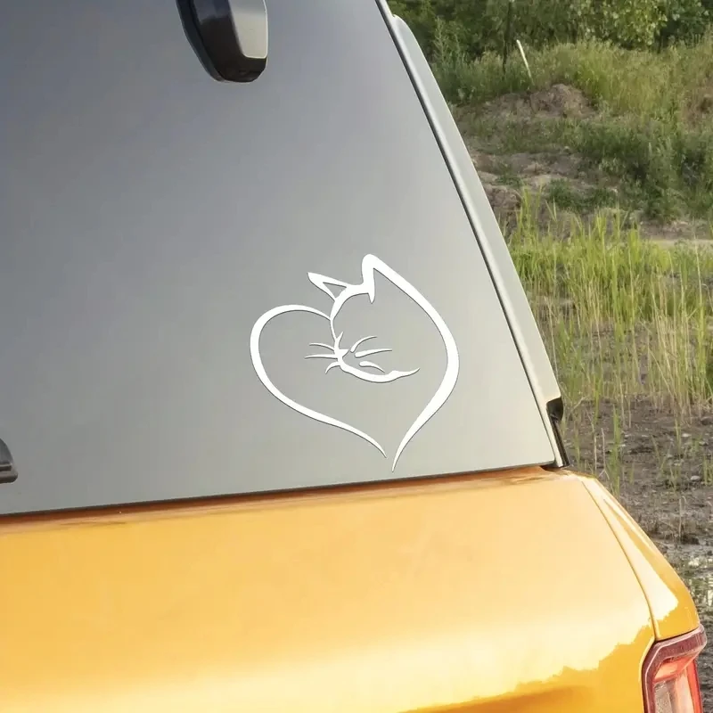 Waterproof Cat & Heart Car Sticker - Durable PVC, Nighttime Safety Exterior Auto Decor