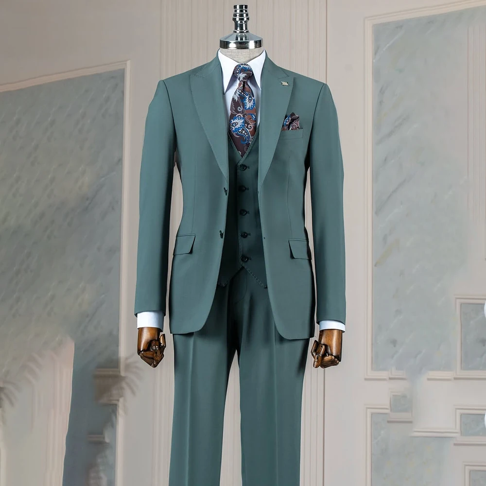 

Сплошной цвет на заказ, мужские костюмы высокого качества, однобортный пик с лацканами, приталенный костюм из трех предметов, куртка, брюки, жилет, свадебный пиджак