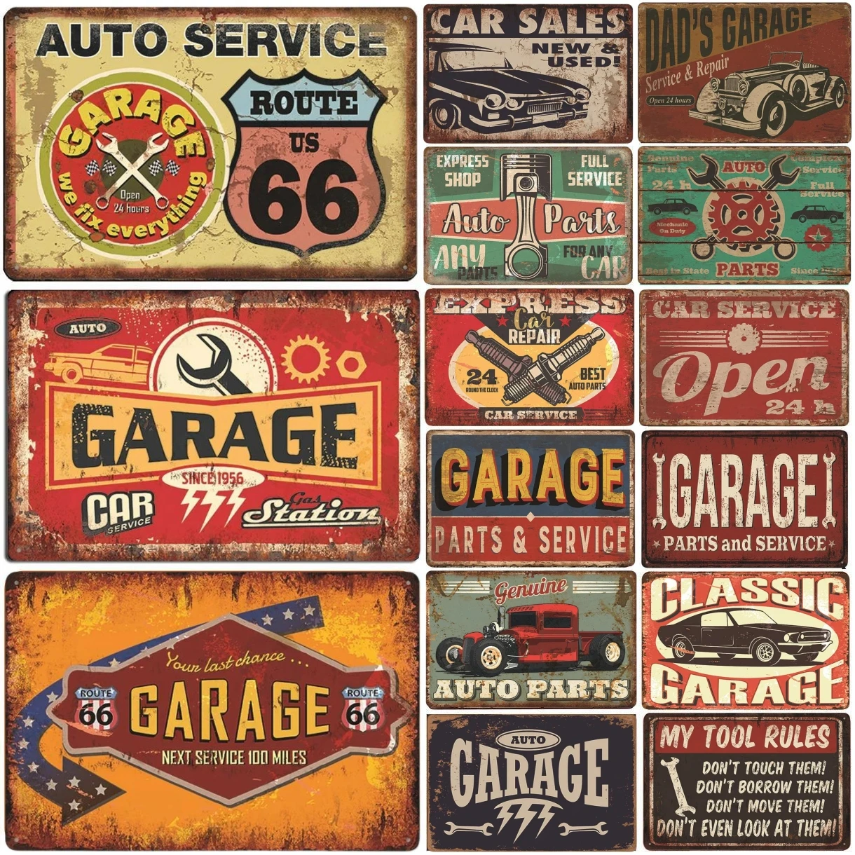 Route 66 Car Metal Dad's Garage Metal Tin Signs Poster Vintage Tinplate Retro Plaque Garage Man Cave Tire Shop Wall Art Decor