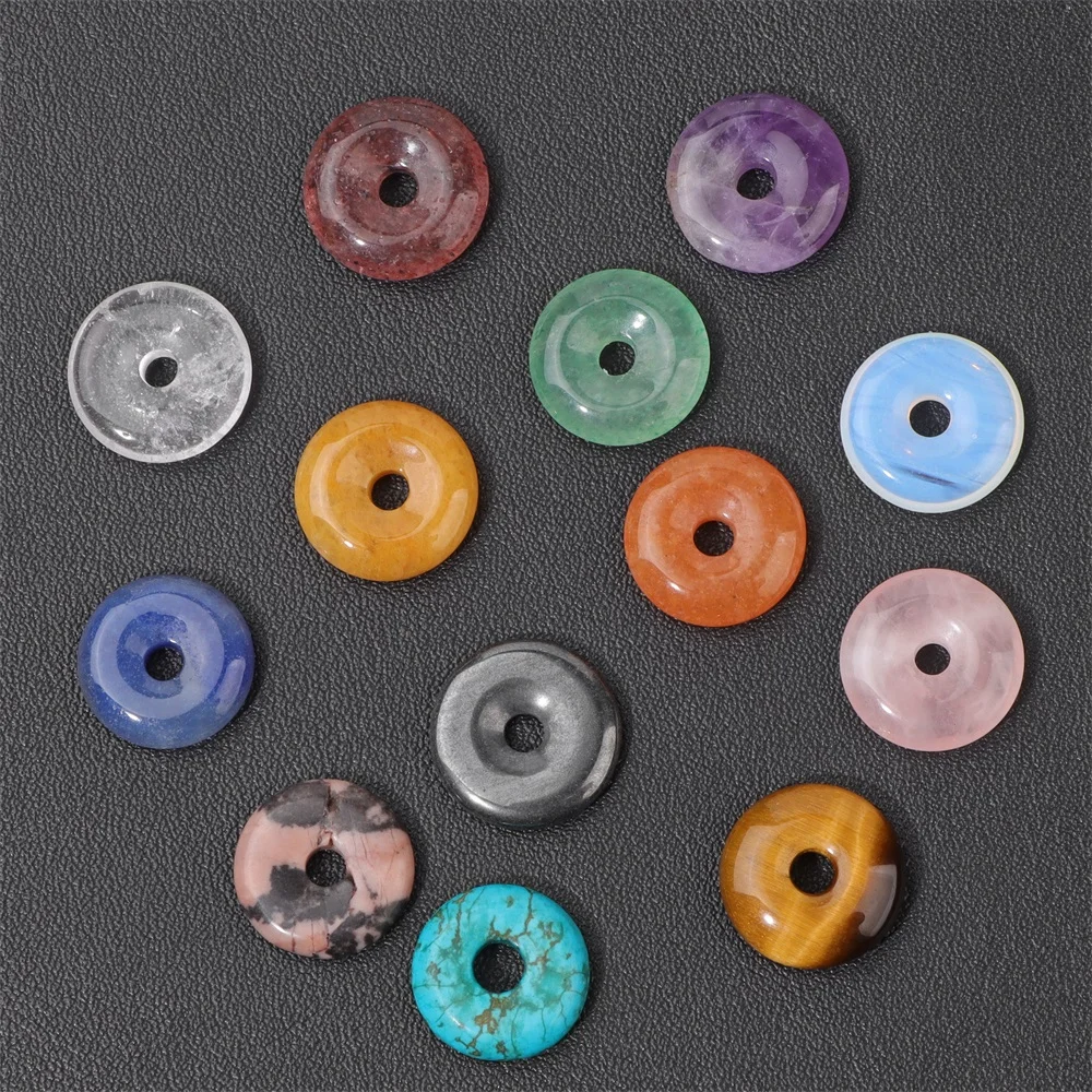 Natural Stone Donut Beads Charm Flat Round Large Hole Crystal Quartz Beads Beads For DIY Jewelry Making Peace Buckle Charm