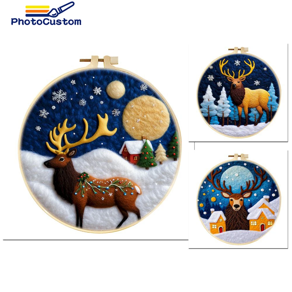 

PhotoCustom Wool Felting Painting Kit 2025 Christmas Deer Handmade Beginners Needlework Starter Animal Wool Craft Needle Felt Gi