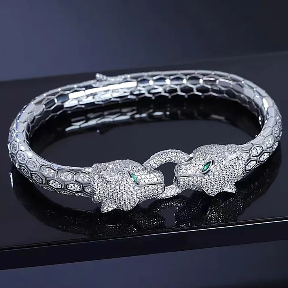 

Гипоаллергенный браслет-бэнгл с двойной головой пантеры и змеиным узором, покрытый гальваническим черным напылением, с цирконами, в стиле панк/хип-хоп, для мужчин и женщин, подарок