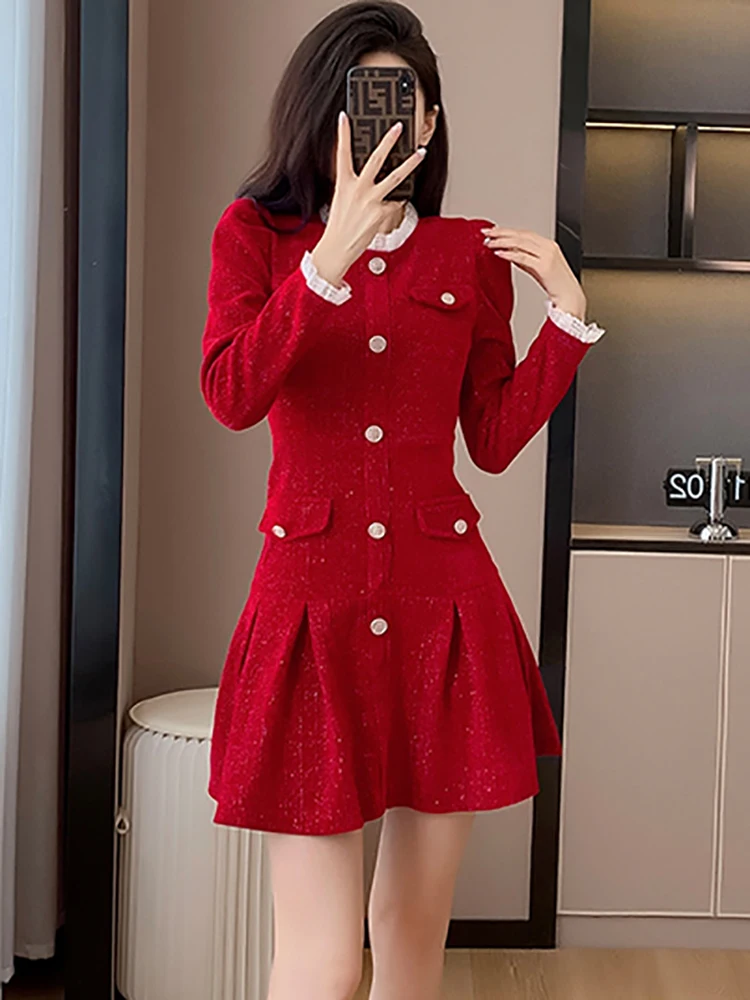 Autunno inverno rosso brillante seta ciniglia Mini abito 2024 nero elegante pizzo arruffato colletto vestito da donna di lusso aderente vestito da