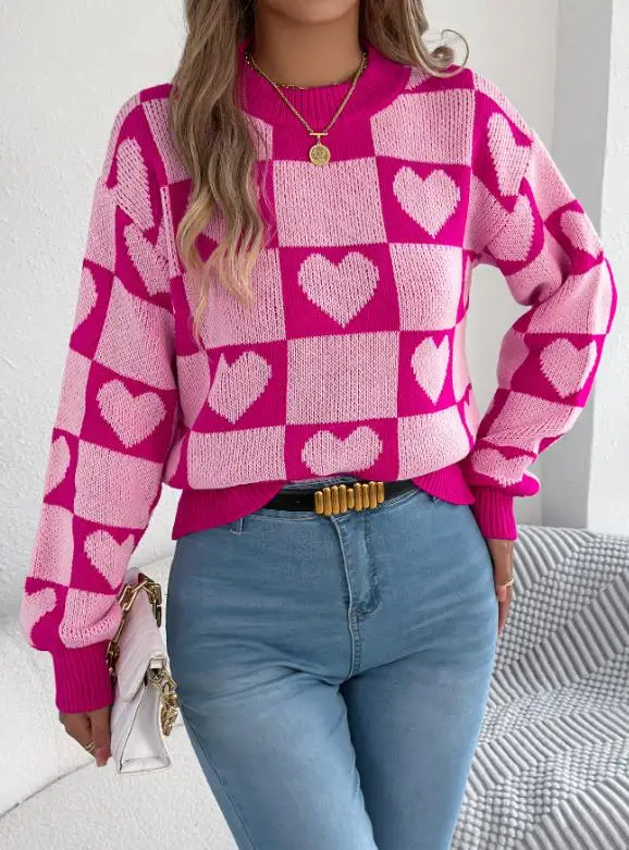 

Fashionable Color Blocking Patchwork Checkered Heart Jacquard Knitted Sweater Autumn Casual Cute Girl Style Knitted Sweater