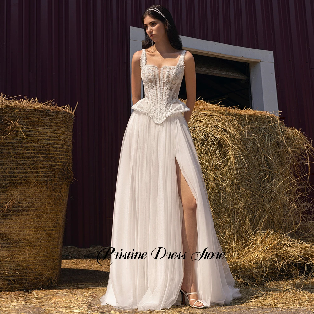 تخصيص تول الجانب الشق فستان الزفاف المدني المرأة الحديثة تول ساحة طوق يزين الدانتيل ألف خط بلا أكمام زي العرائس #4