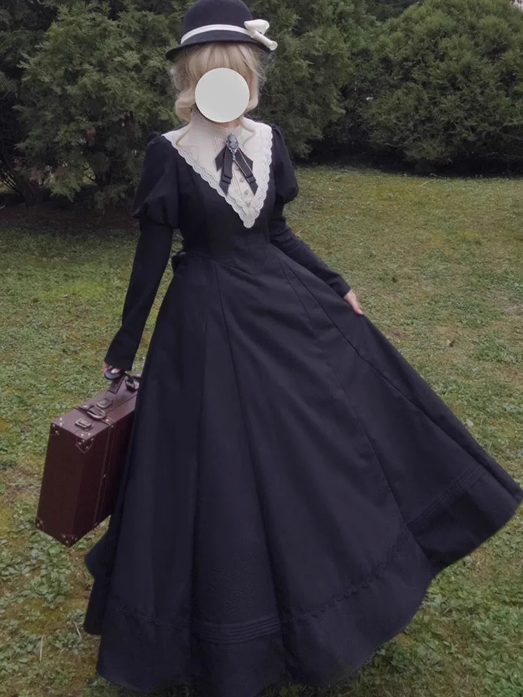 MAGOGO French Vintage Gothic Lolita Black Dress Elegant Bow Patchwork Detachable Sleeves Slim A-line Maxi Dresses for Women - Image 6