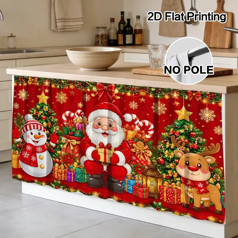 VIKAMA Christmas Cabinet Curtain Santa Snowman Reindeer Gift Print Shelf Cover Kitchen Sink Curtain No Pole 2D Flat Holiday