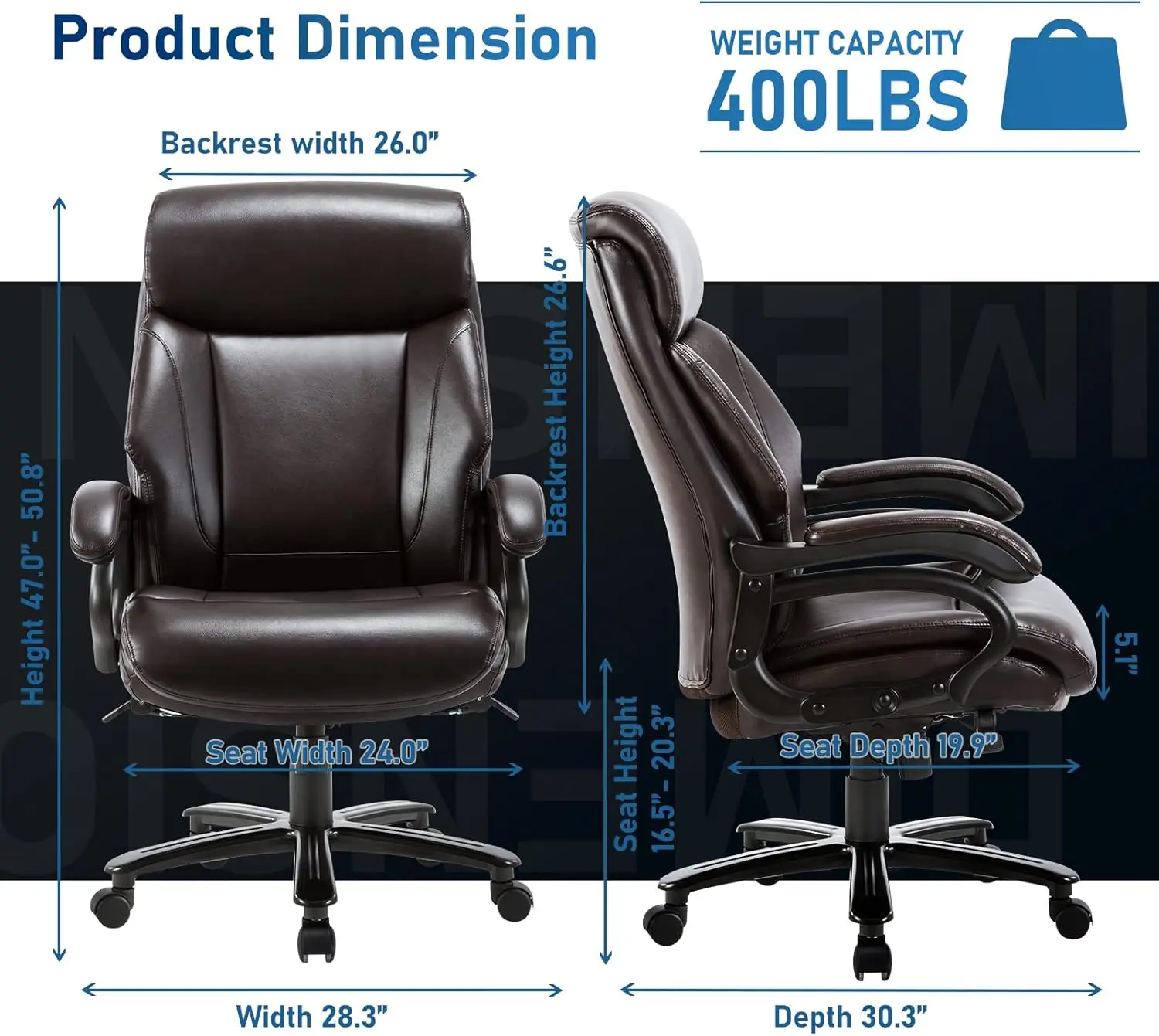 Big And Tall Office Chair 400Lbs-Heavy Duty Executive Desk Chair With Extra Wide Seat, High Back Ergonomic Leather Computer