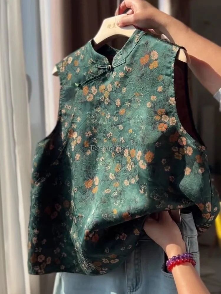 

2025 новый китайский традиционный стиль зеленый жилет Cheongsam с принтом для женщин летний ретро костюм Тан без рукавов повседневный повседневный топ t01
