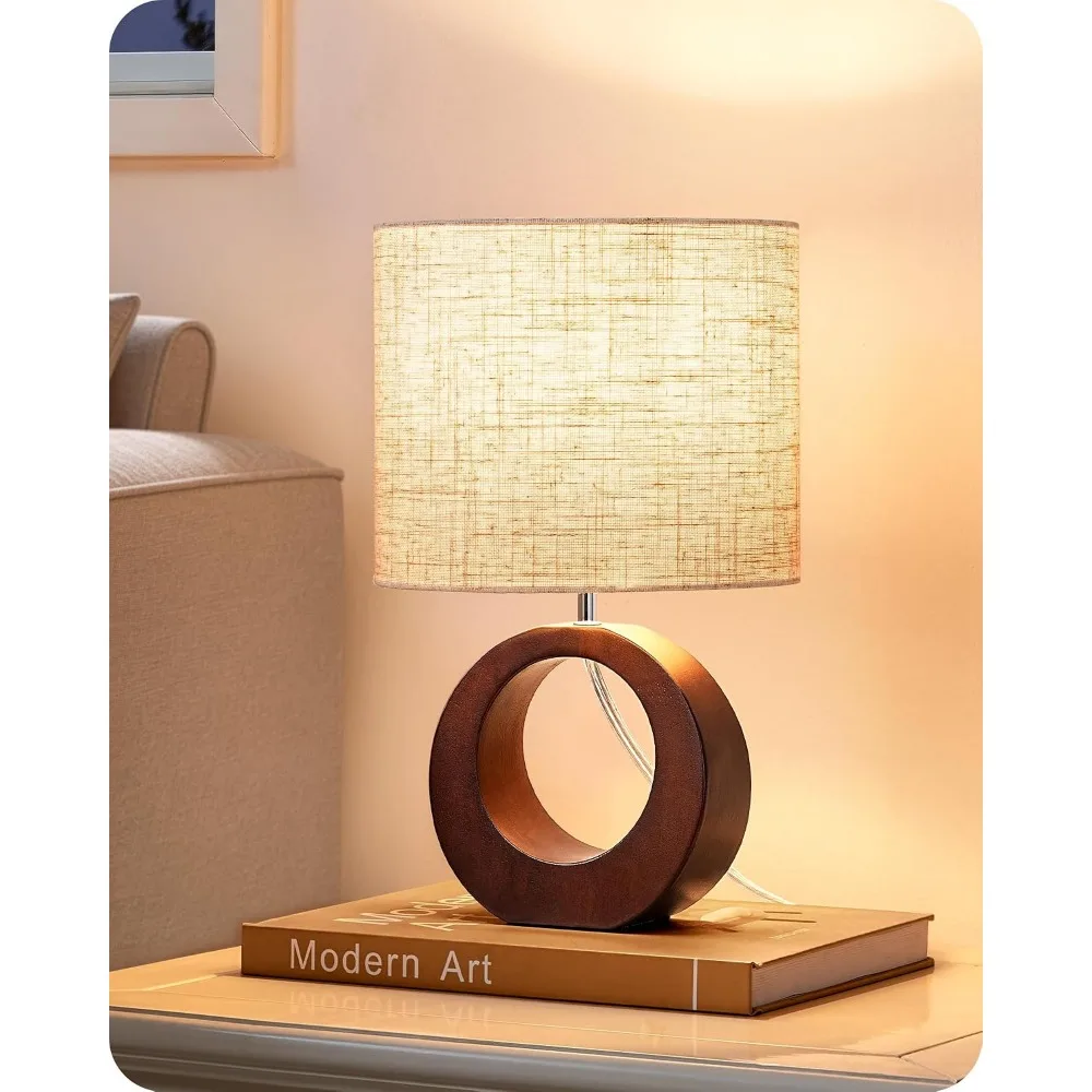 13.4" Small Wood Table Lamp, Modern Bedside with Beige Linen Shade and Switch, E26 Base for Living Room and Bedroom