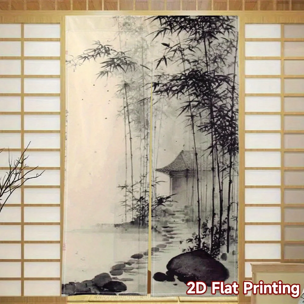 Bamboo Grove Distant Pavilion Art Deco Noren Door Curtain - Elegant Landscape Room Divider Privacy Drape