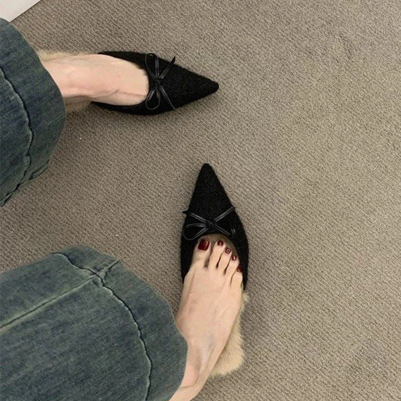 ポインテッドトゥ ファー スリッパ レディース リボン ハイヒール シューズ ミュール 2025 冬 デザイナー 新作 スリングバック ショートプラッシュ シューズ ビーチサンダル