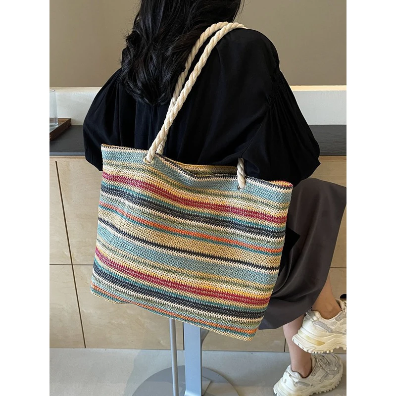 

Women's Nylon Woven Rainbow Casual Shoulder Bags Female Fashion Retro Handbags Ladies Leisure Designer Luxury Hand Bag for Lady