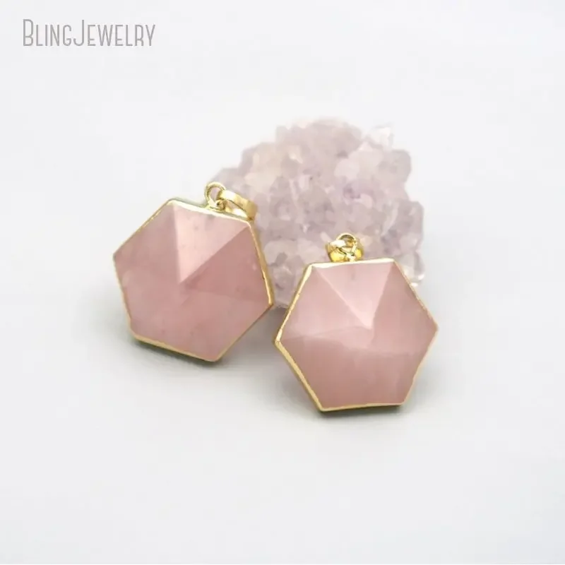 

10pcs Gold Color Rose Quartz Healing Crystal Chakra Jewelry Hexagon Stone Necklace Pendant Pendulum Spiritual Charm Ankh Boho