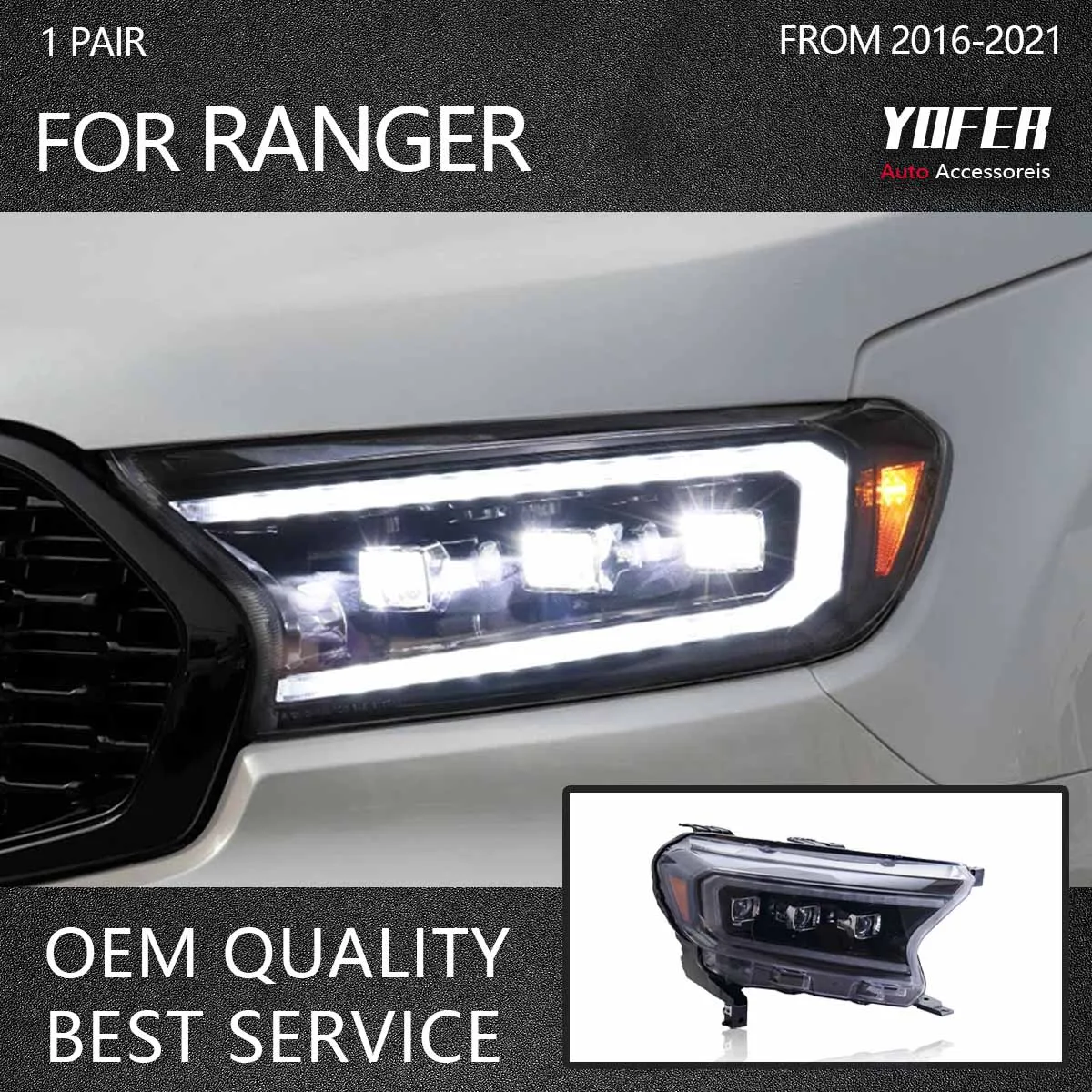 

YOFER Car Lights For Ford Ranger Headlight 2016-2021 LED 3 Lens Projector Head Lamps DRL Sequential Turn Signal Car Accessories