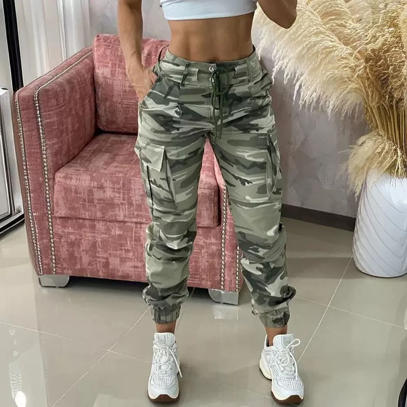 

Vintage Camouflage Print Casual Trousers for Women Autumn Winter 2024 New Drawstring Army Green High-waisted Long Pants