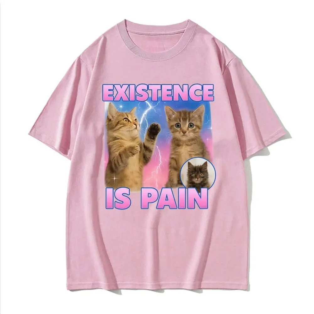 La existencia es el dolor. Camiseta divertida y linda con diseño de expresión de gato para mujer. Camiseta Kawaii de moda retro. Camiseta casual de verano.