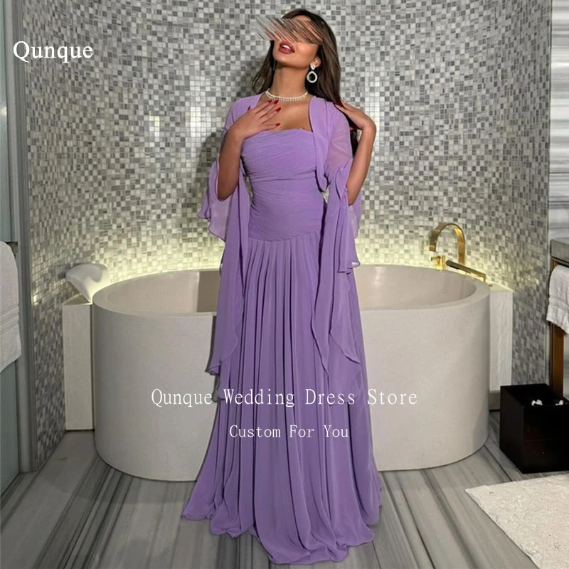 Qunque A-line Women Chiffon Evening Dresses With Jacket Strapless Floor Length Formal Prom Gowns Customized Pleat Party Dress