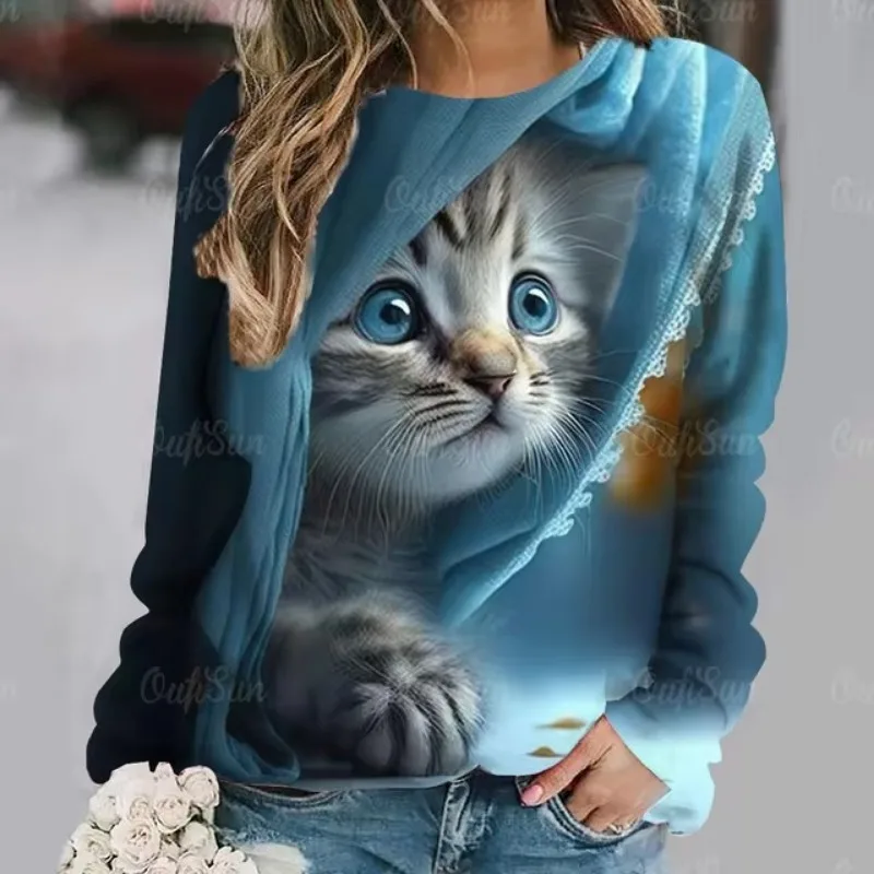 Women Clothing Cute Cat Print Fashion Women\'s Long Sleeves T-shirts Fall Casual Cotton Pullover Loose Female Tops Streetwear