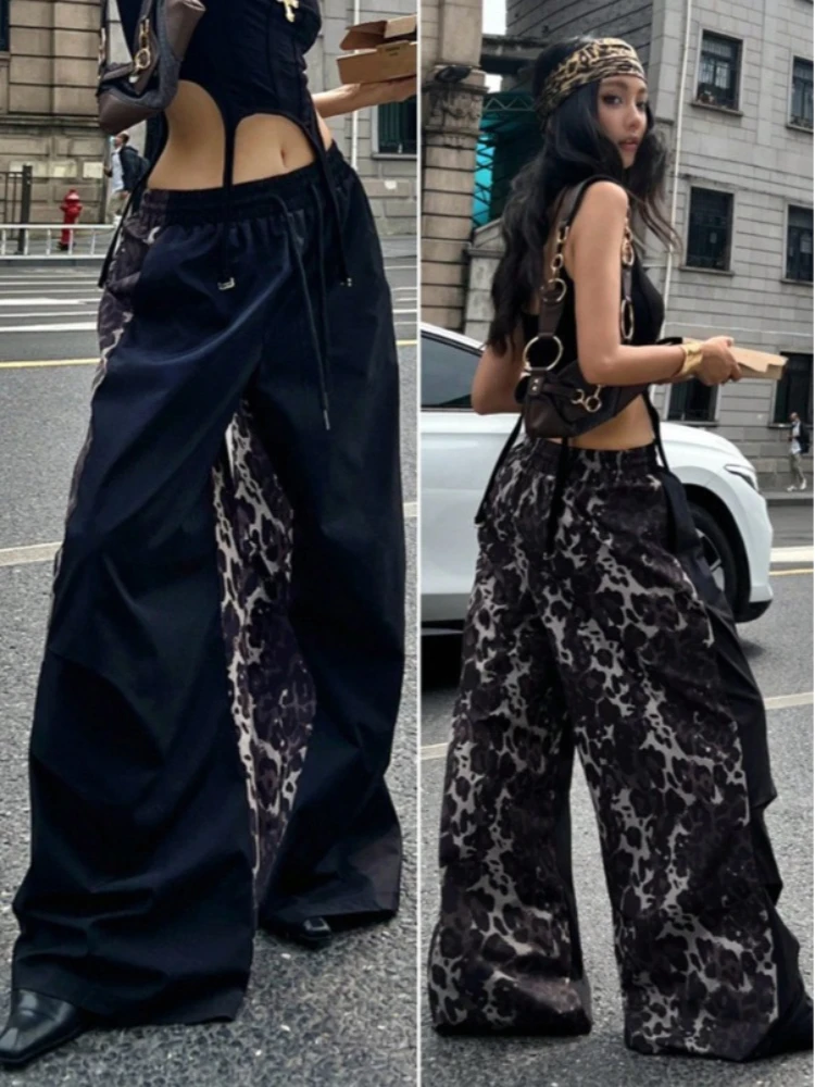 トレンディなアメリカンパッチワークヒョウ柄ファッショナブルなニッチカジュアルパンツハイストリートスタイルトレンディなハイウエストワイドレッグロングパンツ