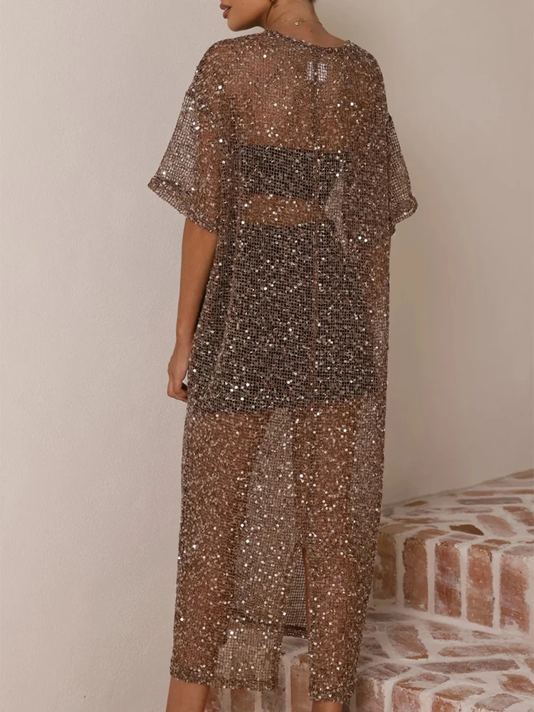 

Элегантное однотонное плиссированное платье с блестками для вечеринок, модное летнее сексуальное платье с круглым вырезом, пайетками и прозрачными вставками, свободного кроя