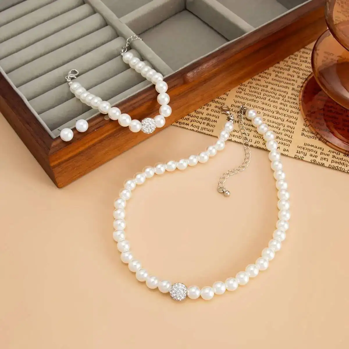 

SHIXIN Elegant Rhinestone Imitation Pearl Chokers Necklace Bracelet Jewelry Set for Women Vintage Adjustable Neck Chain Bangle