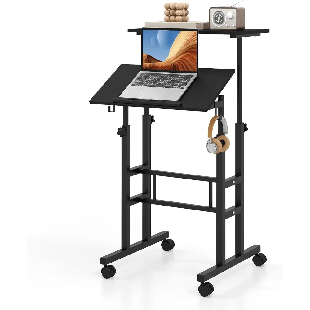 Mobile Standing Desk, Height-Adjustable Laptop Podium Cart with Tilting Tabletop & Adjustable Angle, Rolling Stand Up