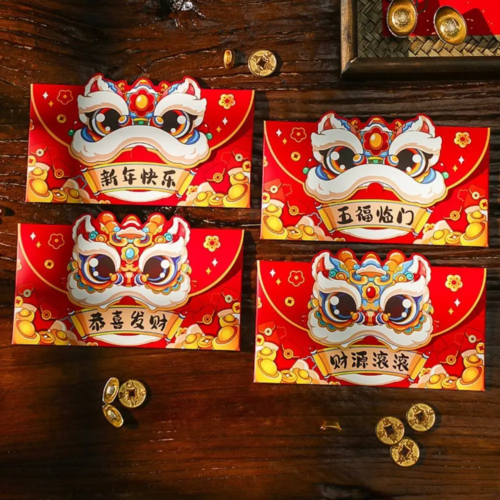 Sobres rojos del año del serpiente de dibujos animados, bendición tradicional, año 2025, paquete rojo del despertar del León de papel, 8 Uds.