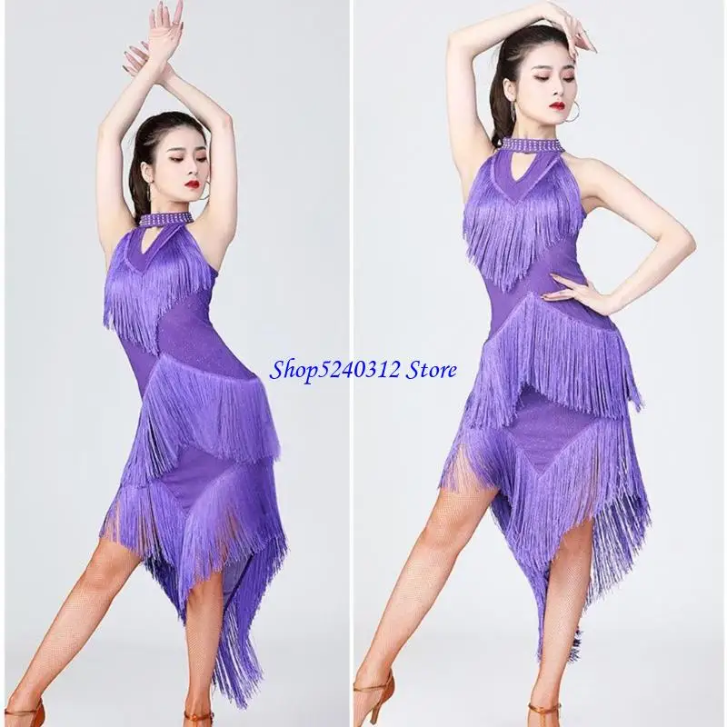 634C Performances scène robe paillettes costumes danse latine tissu stretch asymétrique conception