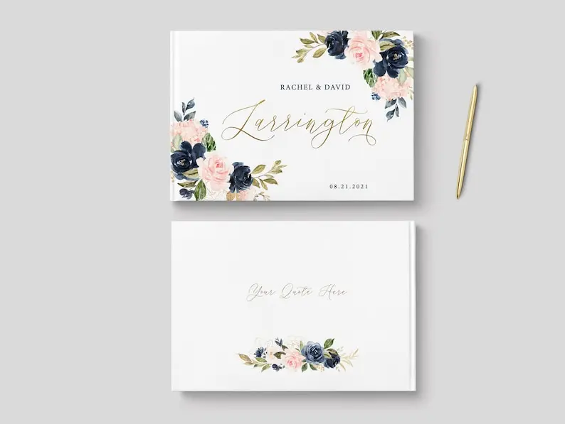 Floral Wedding Guest Book, Navy Blush Instant Photo Guestbook Alternative, Personalized Gold Foil Guestbook, Shower Gift