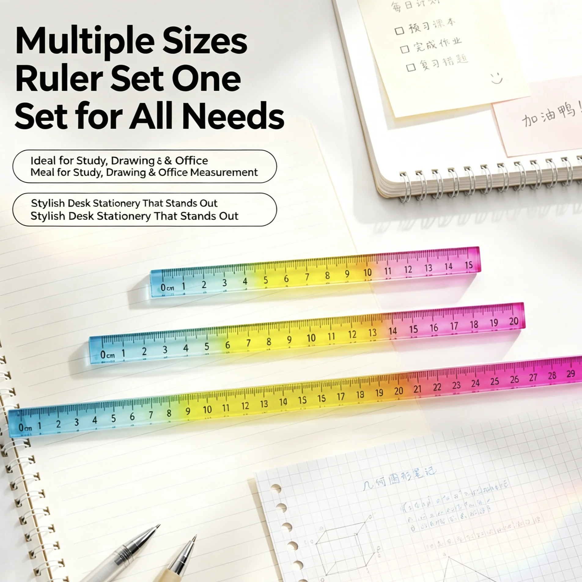 Vibrant 3D Straight Ruler, Semicircle / Square Cross Section, Aesthetic Drawing Ruler, Multiple Sizes 15/20/30cm Optional